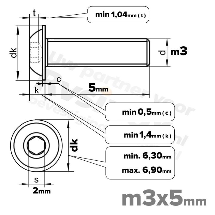 RVS laagbolkopflensschroef M3x5mm ISO 7380-2 A2 | Rvsinox.nl