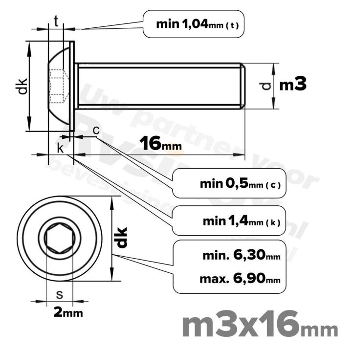 RVS laagbolkopflensschroef M3x16mm ISO 7380-2 A2 | Rvsinox.nl