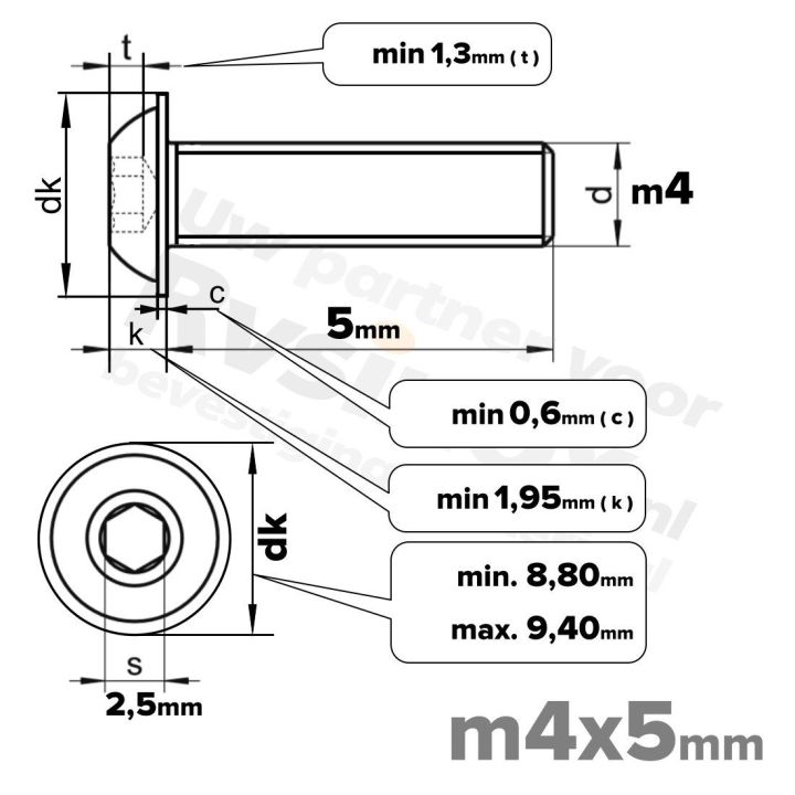 RVS laagbolkopflensschroef M4x5mm ISO 7380-2 A2 | Rvsinox.nl
