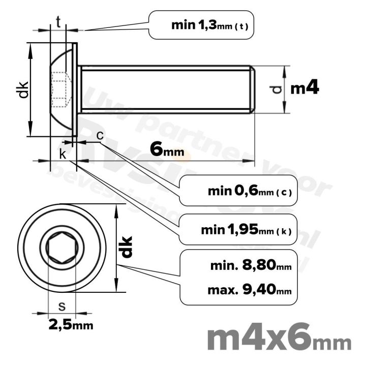 RVS laagbolkopflensschroef M4x6mm ISO 7380-2 A2 | Rvsinox.nl
