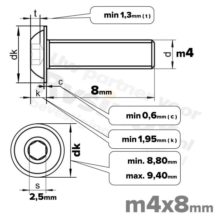 RVS laagbolkopflensschroef M4x8mm ISO 7380-2 A2 | Rvsinox.nl