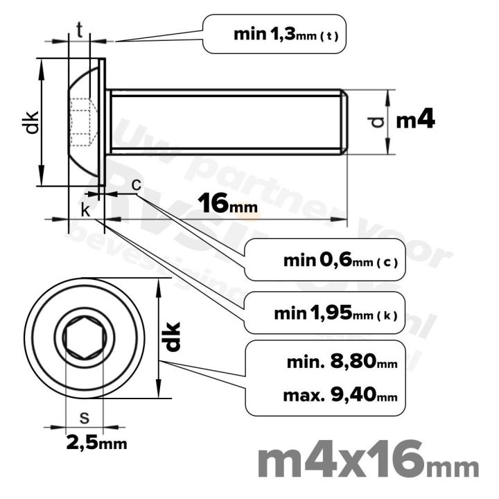 RVS laagbolkopflensschroef M4x16mm ISO 7380-2 A2 | Rvsinox.nl