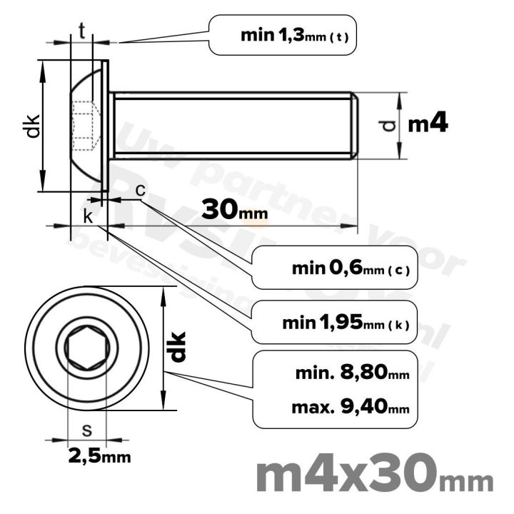 RVS laagbolkopflensschroef M4x30mm ISO 7380-2 A2 | Rvsinox.nl