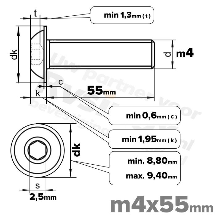 RVS laagbolkopflensschroef M4x55mm ISO 7380-2 A2 | Rvsinox.nl