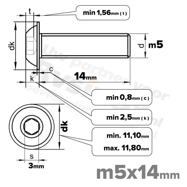RVS laagbolkopflensschroef M5x14mm ISO 7380-2 A2 | Rvsinox.nl