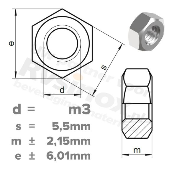 Zeskantmoer M3 DIN 934 RVS A2 | rvsinox.nl
