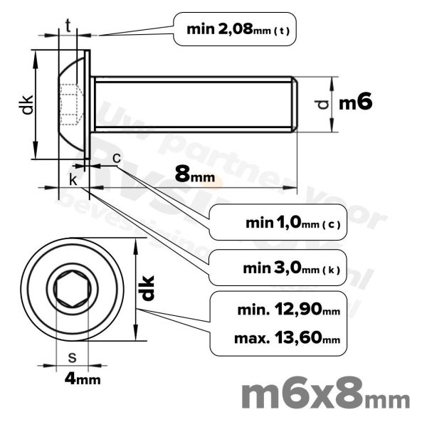 RVS laagbolkopflensschroef M6x8mm ISO 7380-2 A2 | Rvsinox.nl