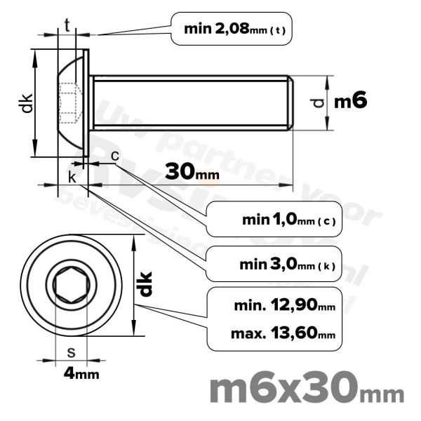 RVS laagbolkopflensschroef M6x30mm ISO 7380-2 A2 | Rvsinox.nl