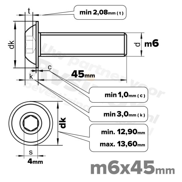 RVS laagbolkopflensschroef M6x45mm ISO 7380-2 A2 | Rvsinox.nl