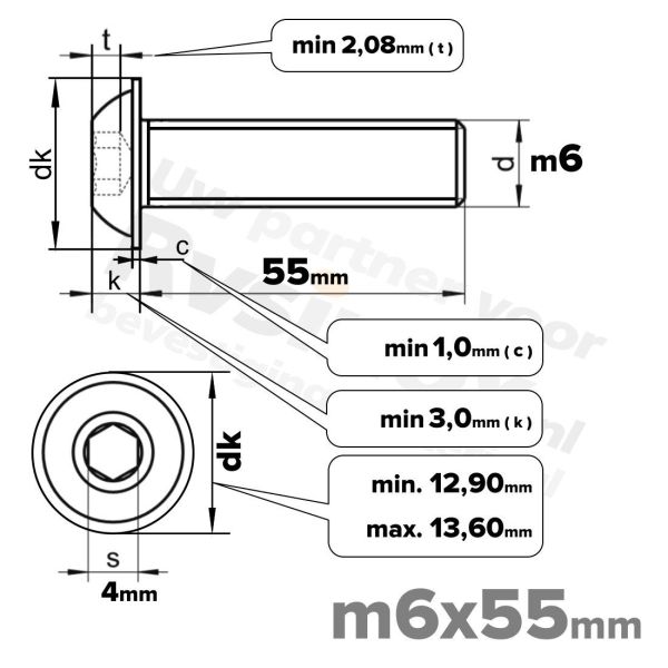 RVS laagbolkopflensschroef M6x55mm ISO 7380-2 A2 | Rvsinox.nl
