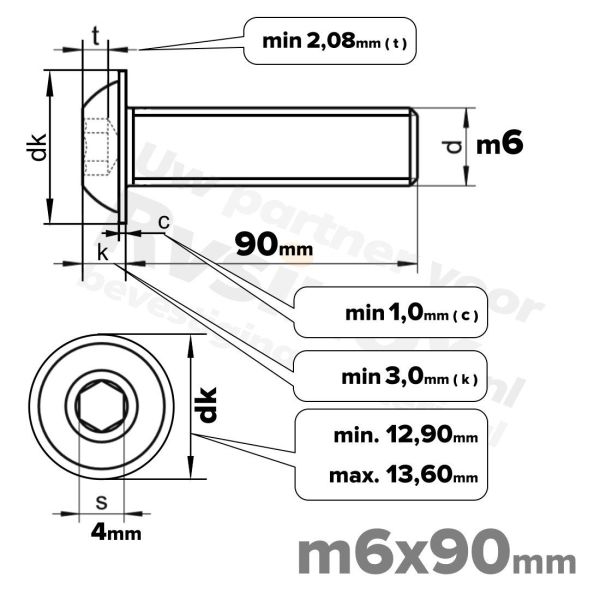RVS laagbolkopflensschroef M6x90mm ISO 7380-2 A2 | Rvsinox.nl