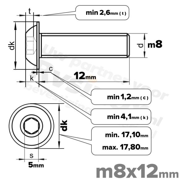 RVS laagbolkopflensschroef M8x12mm ISO 7380-2 A2 | Rvsinox.nl