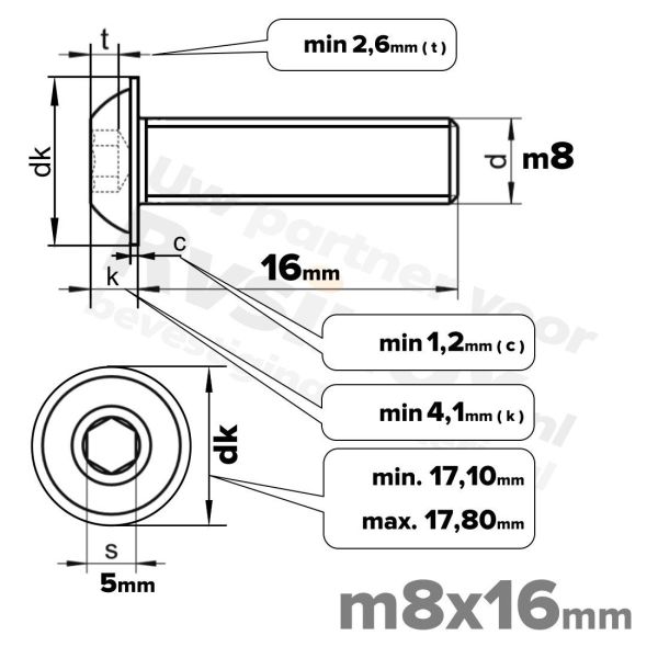 RVS laagbolkopflensschroef M8x16mm ISO 7380-2 A2 | Rvsinox.nl