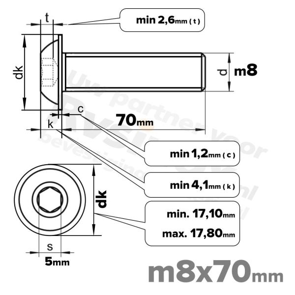 RVS laagbolkopflensschroef M8x70mm ISO 7380-2 A2 | Rvsinox.nl