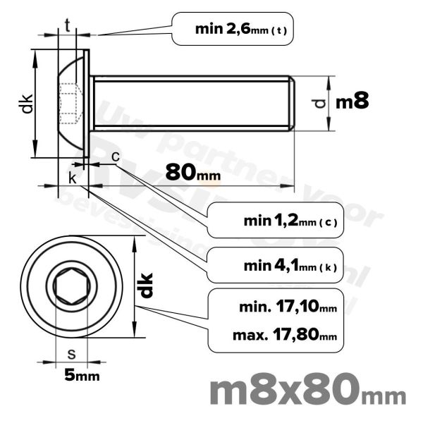 RVS laagbolkopflensschroef M8x80mm ISO 7380-2 A2 | Rvsinox.nl