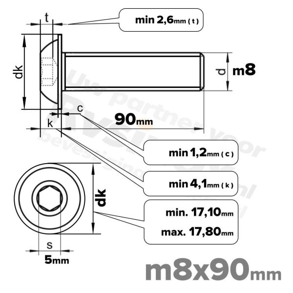 RVS laagbolkopflensschroef M8x90mm ISO 7380-2 A2 | Rvsinox.nl