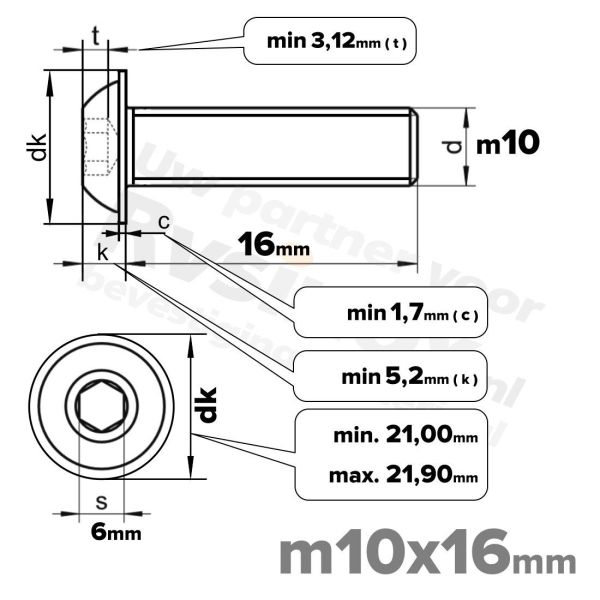 RVS laagbolkopflensschroef M10x16mm ISO 7380-2 A2 | Rvsinox.nl