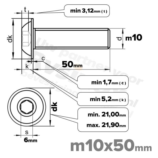 RVS laagbolkopflensschroef M10x50mm ISO 7380-2 A2 | Rvsinox.nl