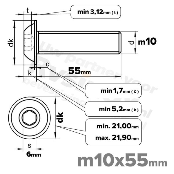 RVS laagbolkopflensschroef M10x55mm ISO 7380-2 A2 | Rvsinox.nl