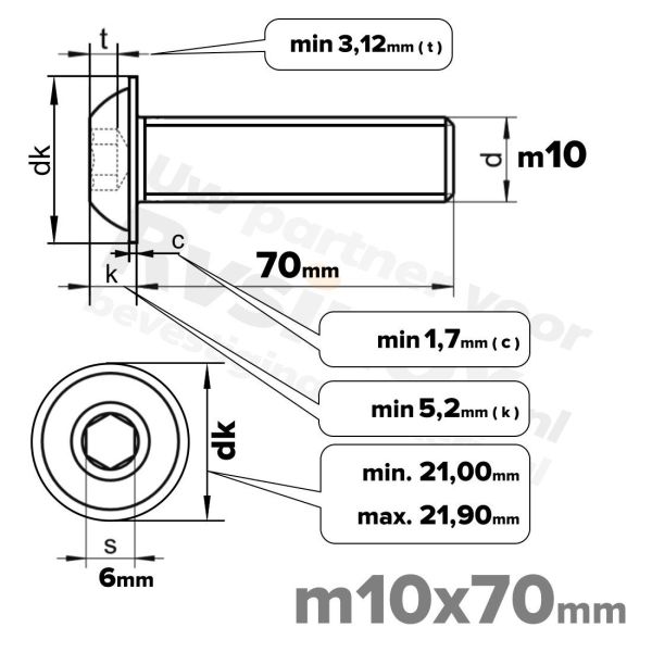 RVS laagbolkopflensschroef M10x70mm ISO 7380-2 A2 | Rvsinox.nl