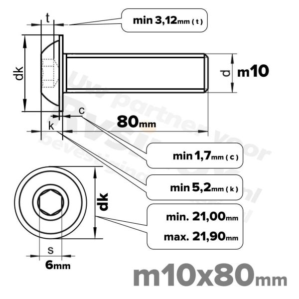 RVS laagbolkopflensschroef M10x80mm ISO 7380-2 A2 | Rvsinox.nl