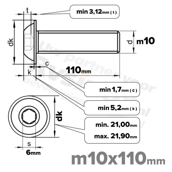 RVS laagbolkopflensschroef M10x110mm ISO 7380-2 A2 | Rvsinox.nl