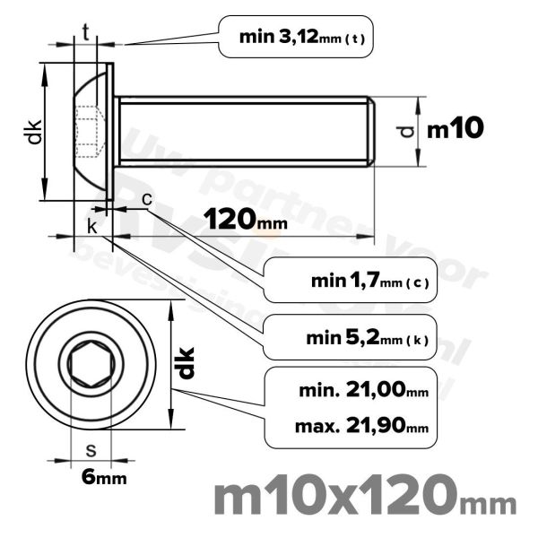 RVS laagbolkopflensschroef M10x120mm ISO 7380-2 A2 | Rvsinox.nl
