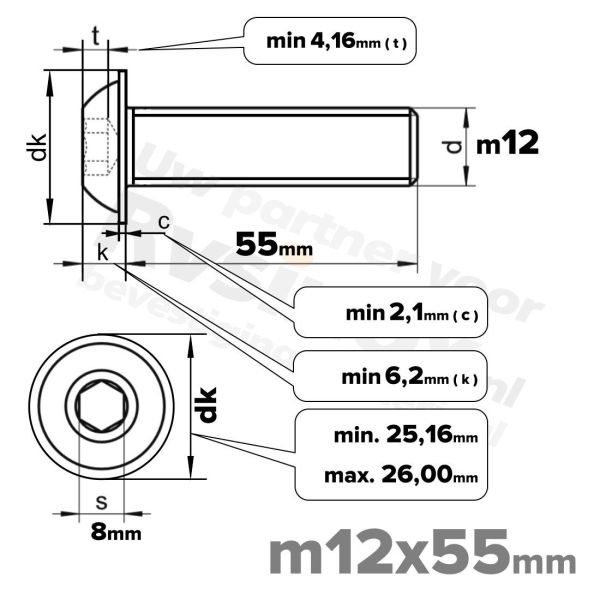 RVS laagbolkopflensschroef M12x55mm ISO 7380-2 A2 | Rvsinox.nl