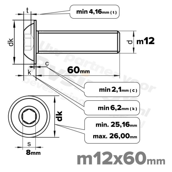 RVS laagbolkopflensschroef M12x60mm ISO 7380-2 A2 | Rvsinox.nl