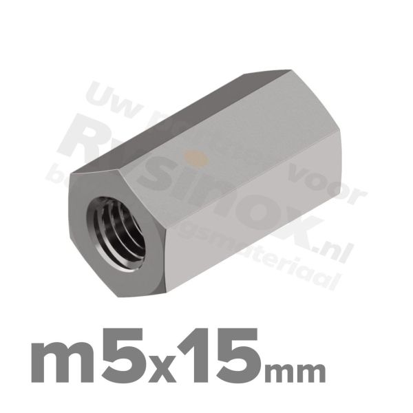 Zeskant koppelmoer M5 DIN 6334 RVS A2 | rvsinox.nl