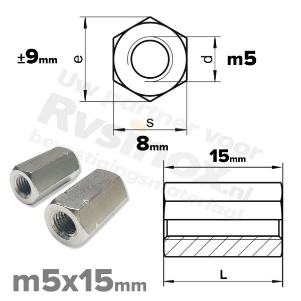 Zeskant koppelmoer M5 DIN 6334 RVS A2 | rvsinox.nl