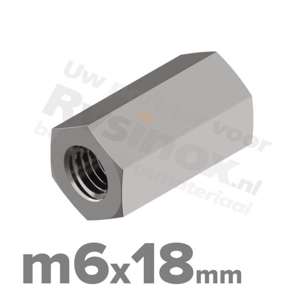Zeskant koppelmoer M6 DIN 6334 RVS A2 | rvsinox.nl