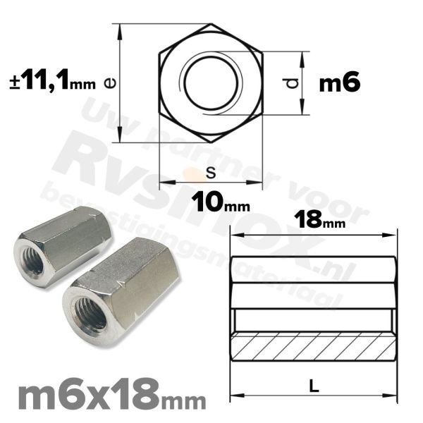Zeskant koppelmoer M6 DIN 6334 RVS A2 | rvsinox.nl