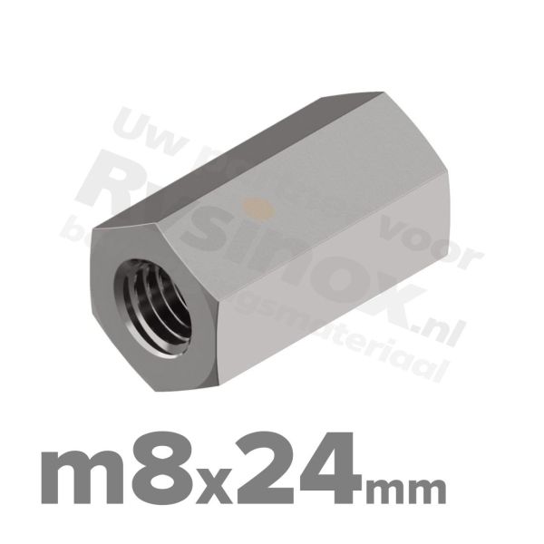 Zeskant koppelmoer M8 DIN 6334 RVS A2 | rvsinox.nl