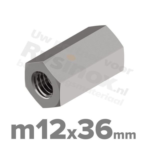 Zeskant koppelmoer M12 DIN 6334 RVS A2 | rvsinox.nl