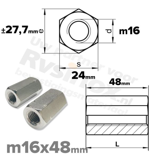 Zeskant koppelmoer M16 DIN 6334 RVS A2 | rvsinox.nl