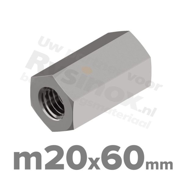Zeskant koppelmoer M20 DIN 6334 RVS A2 | rvsinox.nl