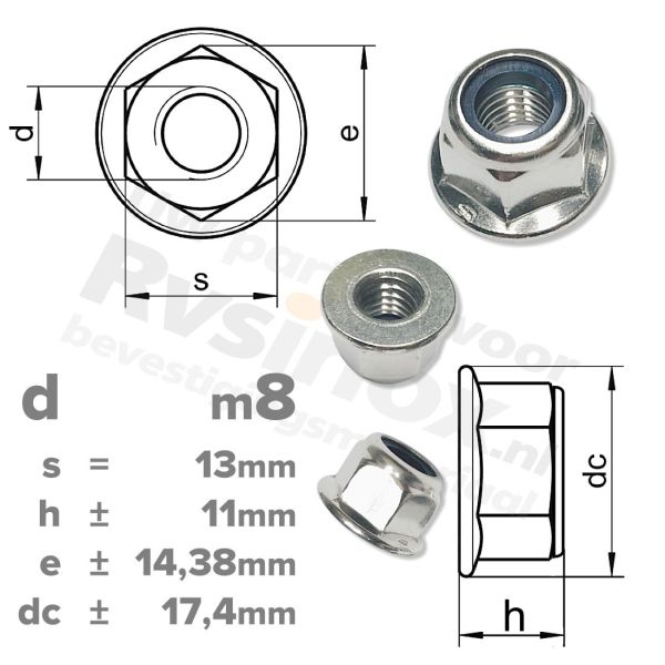 Zeskantflensmoer zelfborgend M8 DIN 6926 RVS A2 | rvsinox.nl