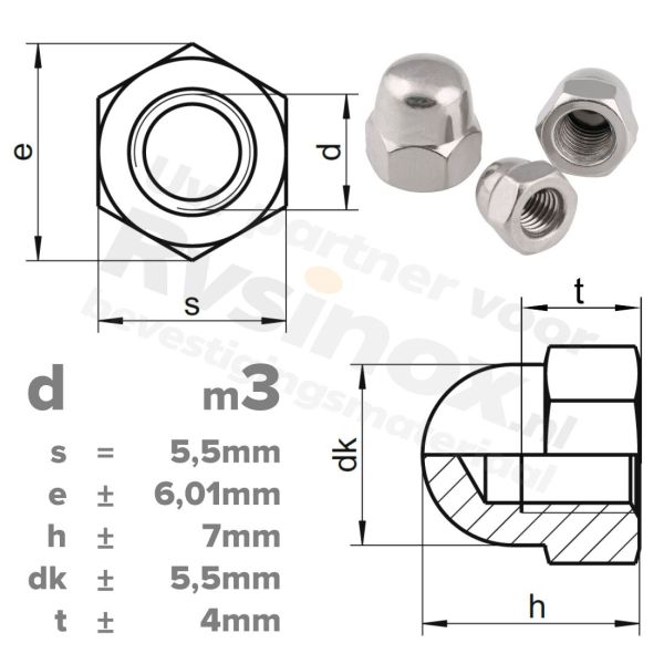 Dopmoer M3 DIN 1587 RVS A2 | rvsinox.nl