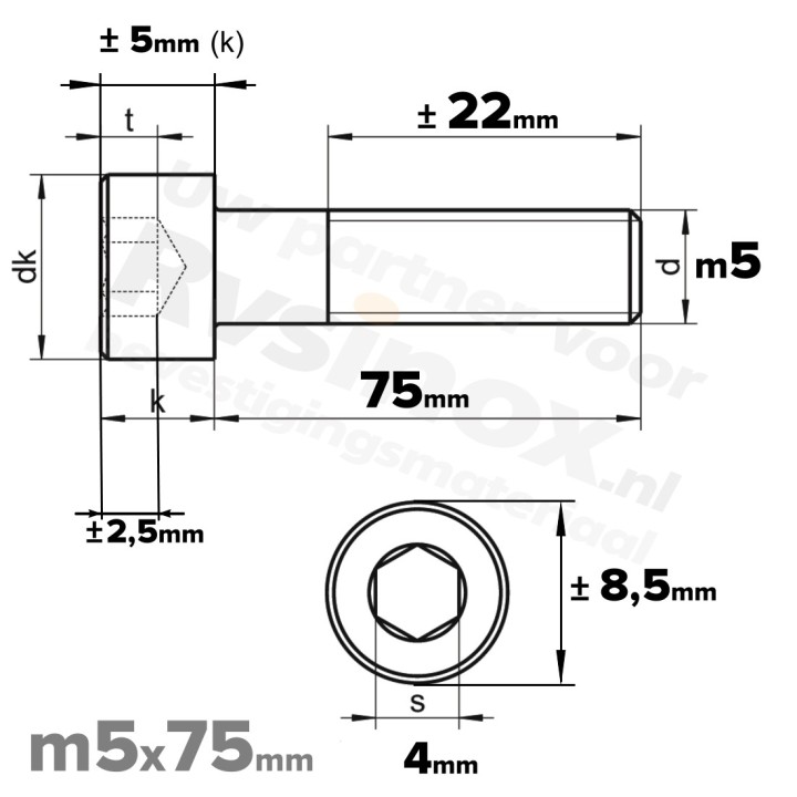 RVS Inbusbout M5x75 DIN 912 A2 | Cilinderschroef ISO 4762