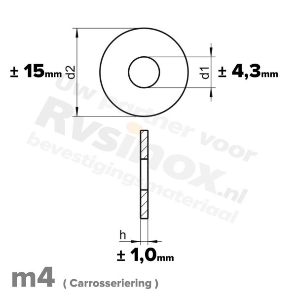 Carrosseriering M4 met buitendiameter 15mm |  RVS A2 | rvsinox.nl