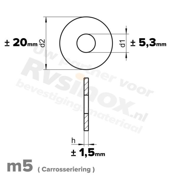 Carrosseriering M5 met buitendiameter 20mm |  RVS A2 | rvsinox.nl