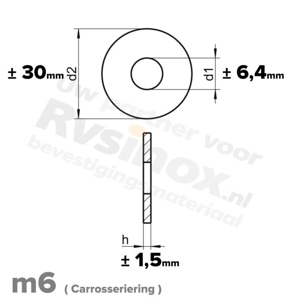 Carrosseriering M6 met buitendiameter 30mm |  RVS A2 | rvsinox.nl
