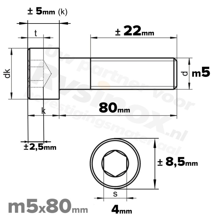 RVS Inbusbout M5x80 DIN 912 A2 | Cilinderschroef ISO 4762