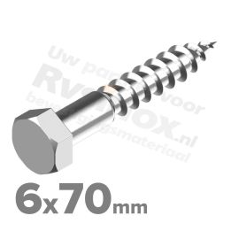 Houtdraadbout 6x70mm DIN 571 A2 ( RVS )