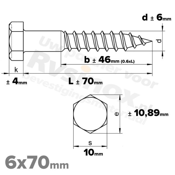 Houtdraadbout 6x70mm DIN 571 A2 ( RVS )