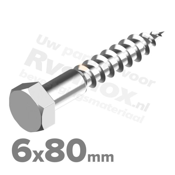 Houtdraadbout 6x80mm DIN 571 A2 ( RVS )