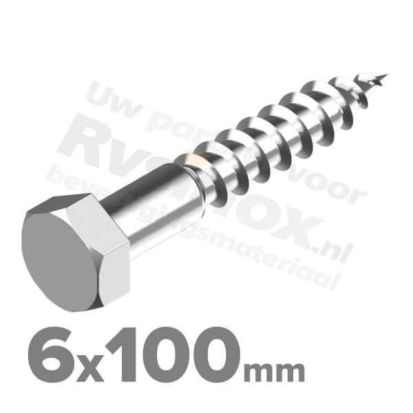 Houtdraadbout 6x100mm DIN 571 A2 ( RVS )