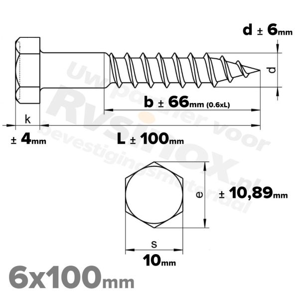 Houtdraadbout 6x100mm DIN 571 A2 ( RVS )