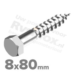 Houtdraadbout 8x80mm DIN 571 A2 ( RVS )